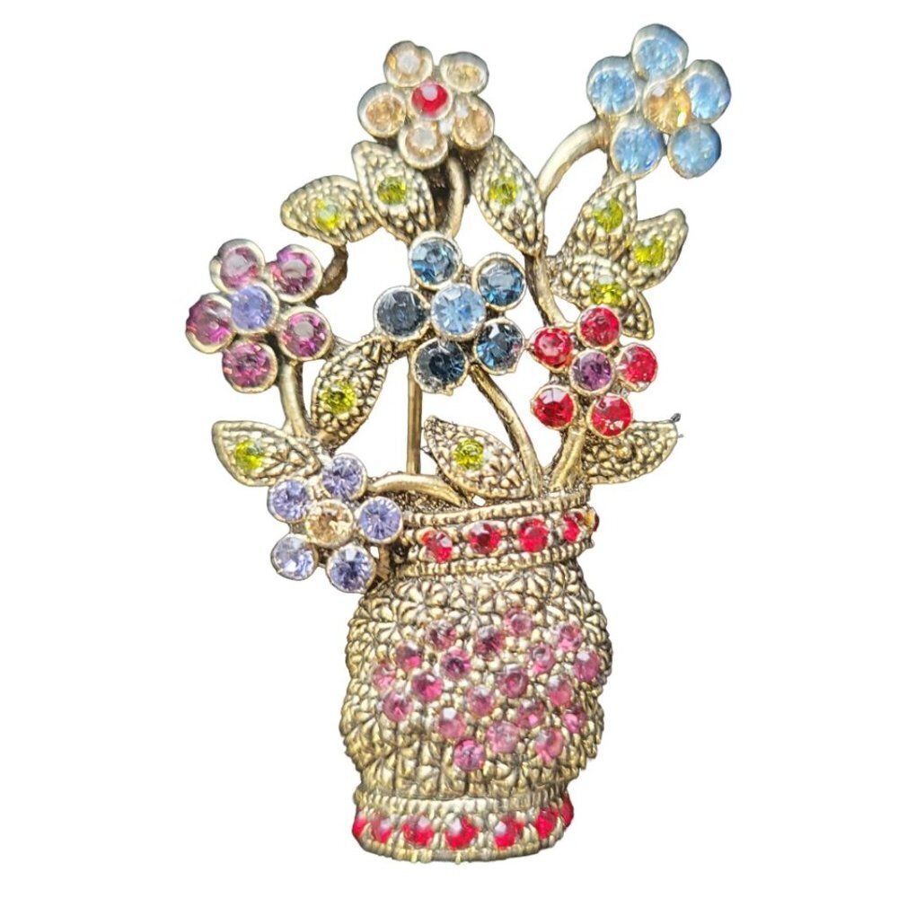 New-Vintage Rhinestone Basket & Flowers Brooch/Pin, 2" x 1"